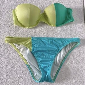 5/$25 Victoria’s Secret Blue Yellow Green Colour Block Strapless Bikini Set M